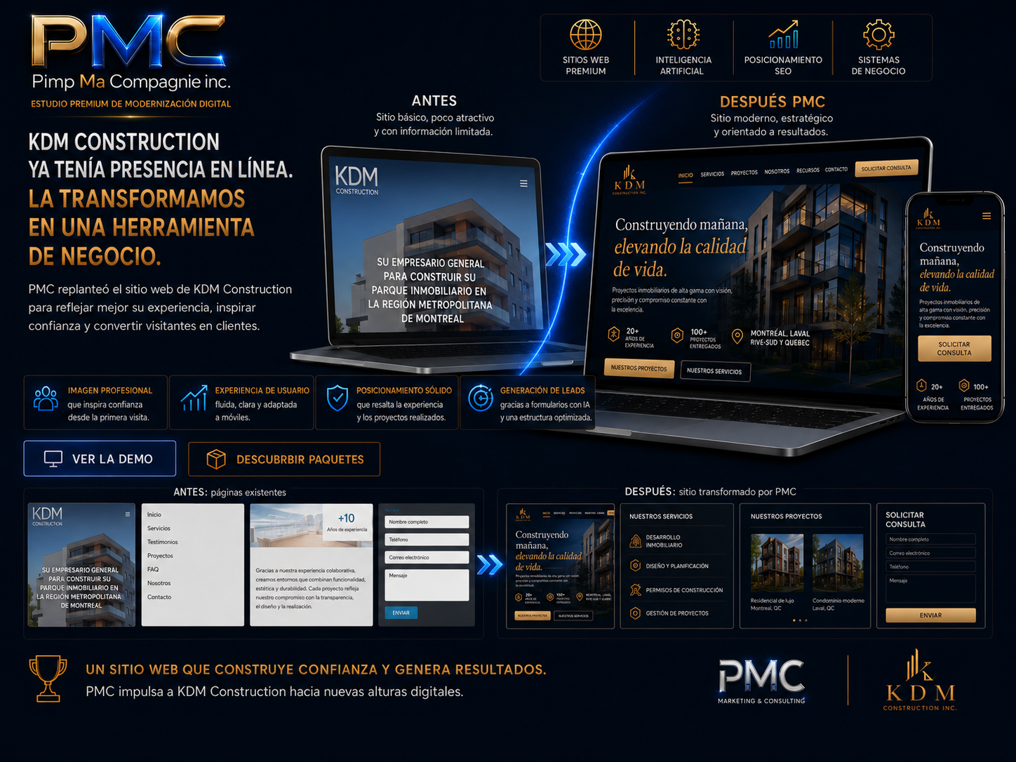 Caso de estudio antes y después: el sitio de KDM Construction transformado por PMC