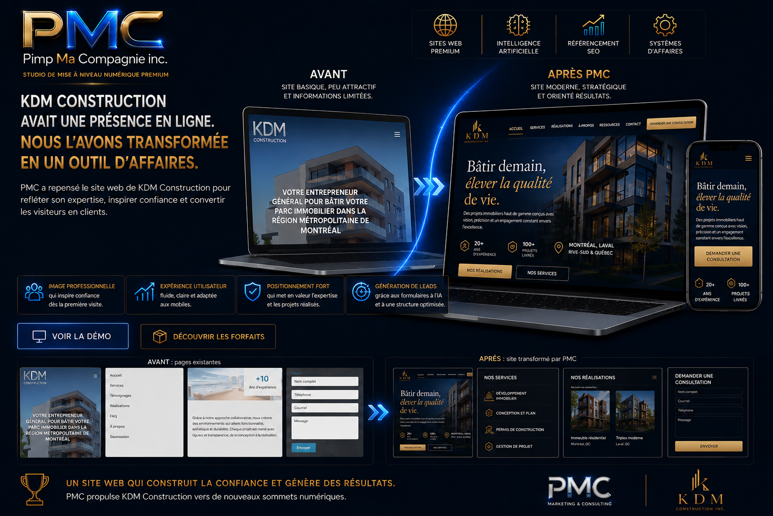 Étude de cas avant/après : le site de KDM Construction transformé par PMC